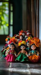 Naklejka premium An empty scene featuring a cluster of traditional Karnataka dolls dressed in colorful attire, with the state flag colors incorporated, creating an ideal product 