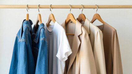 Hangers with clothes, close-up, wardrobe..