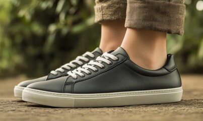 Black leather sneaker with white laces.