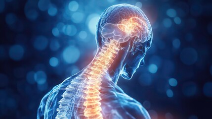 3D rendering of a human skeleton with a glowing spine and brain, on a blue background.