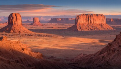 A stunning desert landscape featuring iconic rock formations under a colorful sky at sunset.