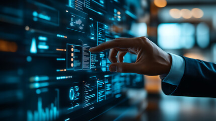 Fototapeta premium Close-up view of a businessman’s hand reaching towards a virtual screen displaying colorful financial graphs and data analytics
