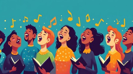 Diverse choir united in harmonious expression, showcasing a vibrant blend of cultures and voices, celebrating the beauty of unity through music and collaboration.