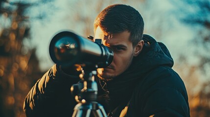 Focused young man using a professional camera mounted on a tripod, peering through the lens in an outdoor setting