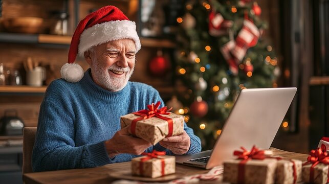 Elderly man with Santa hat video calling during Christmas