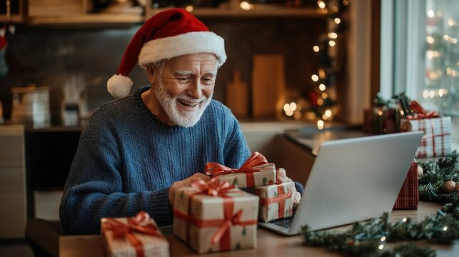 Elderly man with Santa hat video calling during Christmas