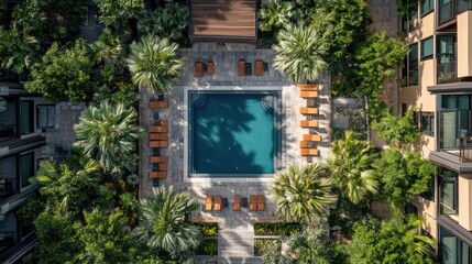 An aerial view of a swimming pool surrounded by palm trees and lounge chairs in a courtyard.