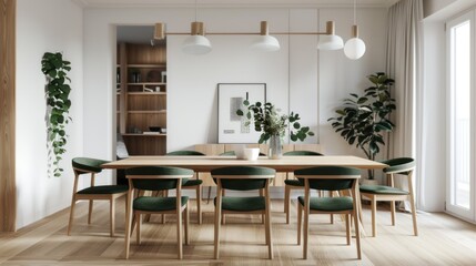 Modern Dining Room with Wooden Table, Green Chairs, and Plants