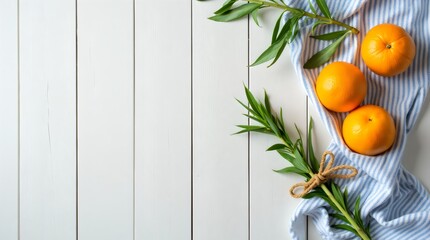 Green willow branches, palm branches, citrus fruits on a white wooden background. The concept of the Sukkot holiday. A copy space. top view