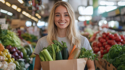 happy woman holding paper eco shopping bag with fresh vegetables on market