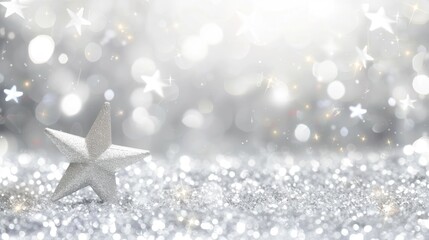 Silver star ornament placed on a glittery background with bokeh and light reflections. Concept of holiday celebration, Christmas, and festive decoration.