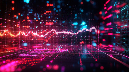 Obraz premium A vibrant, futuristic digital landscape showcasing colorful data visualizations with glowing lines and bright skyscrapers at night