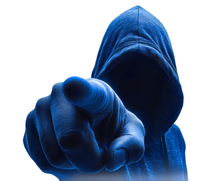 Mysterious hooded figure pointing, white isolated background