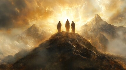 Transfiguration of Jesus, vibrant portrayal of Jesus with Moses and Elijah, illuminated figures on a majestic mountain, capturing divine encounter and spiritual significance
