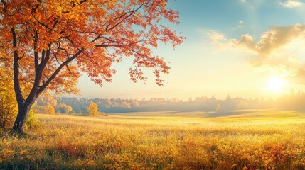 Fototapeta premium Autumn landscape with a tree. Perfect for projects about the changing seasons.