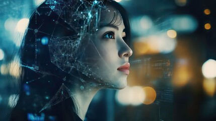 A woman with a futuristic digital overlay on her face, looking into the distance with a determined expression.