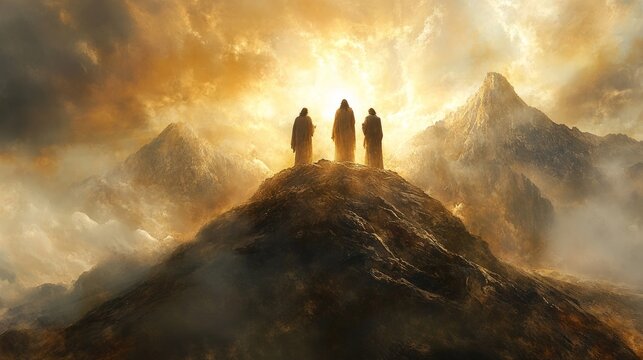Transfiguration of Jesus, vibrant portrayal of Jesus with Moses and Elijah, illuminated figures on a majestic mountain, capturing divine encounter and spiritual significance
