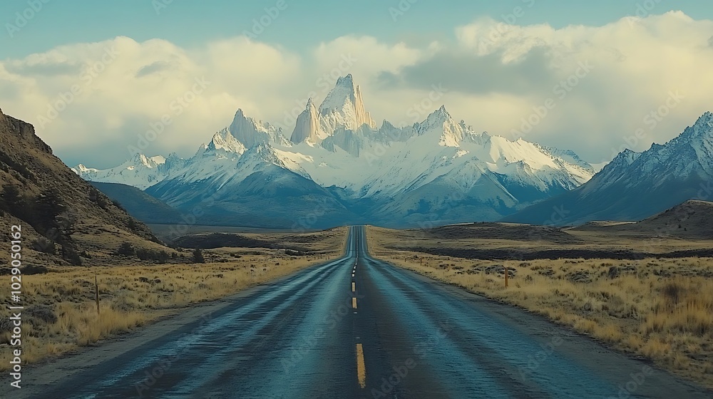 Wall mural a long, empty road leads to snow-capped mountains under a blue sky.