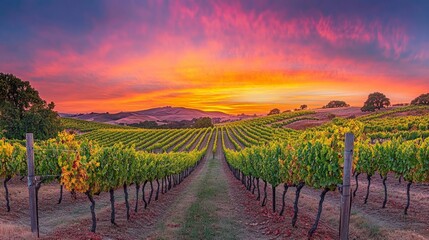 Fototapeta premium Sunset Over Vineyard, expansive view of lush grapevines stretching across rolling hills, warm golden hues illuminating the landscape, capturing the essence of winemaking heritage