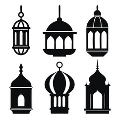 Islamic lanterns and lamp difference icon set Black silhouette vector illustration