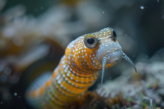 A vibrant orange and white-spotted marine creature, possibly a type of eel or snakefish, in its natural underwater habitat with various aquatic elements in the background