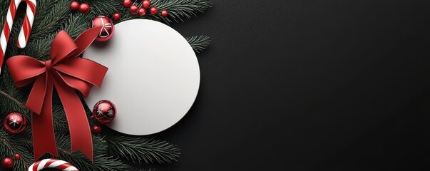Festive Christmas background with a round white label on black, adorned with red ribbon, ornaments, and candy canes. Ideal for holiday greeting cards or promotional material.