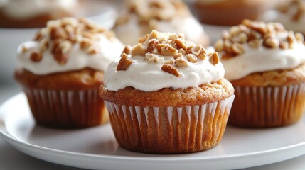 Artistic view of vegan carrot muffins with a nutty topping and creamy swirl on a white plate, capturing the essence of wholesome baking.