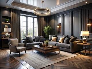 Modern Black Living Room Interior Design with Classic Elegance – Stylish 3D Illustration