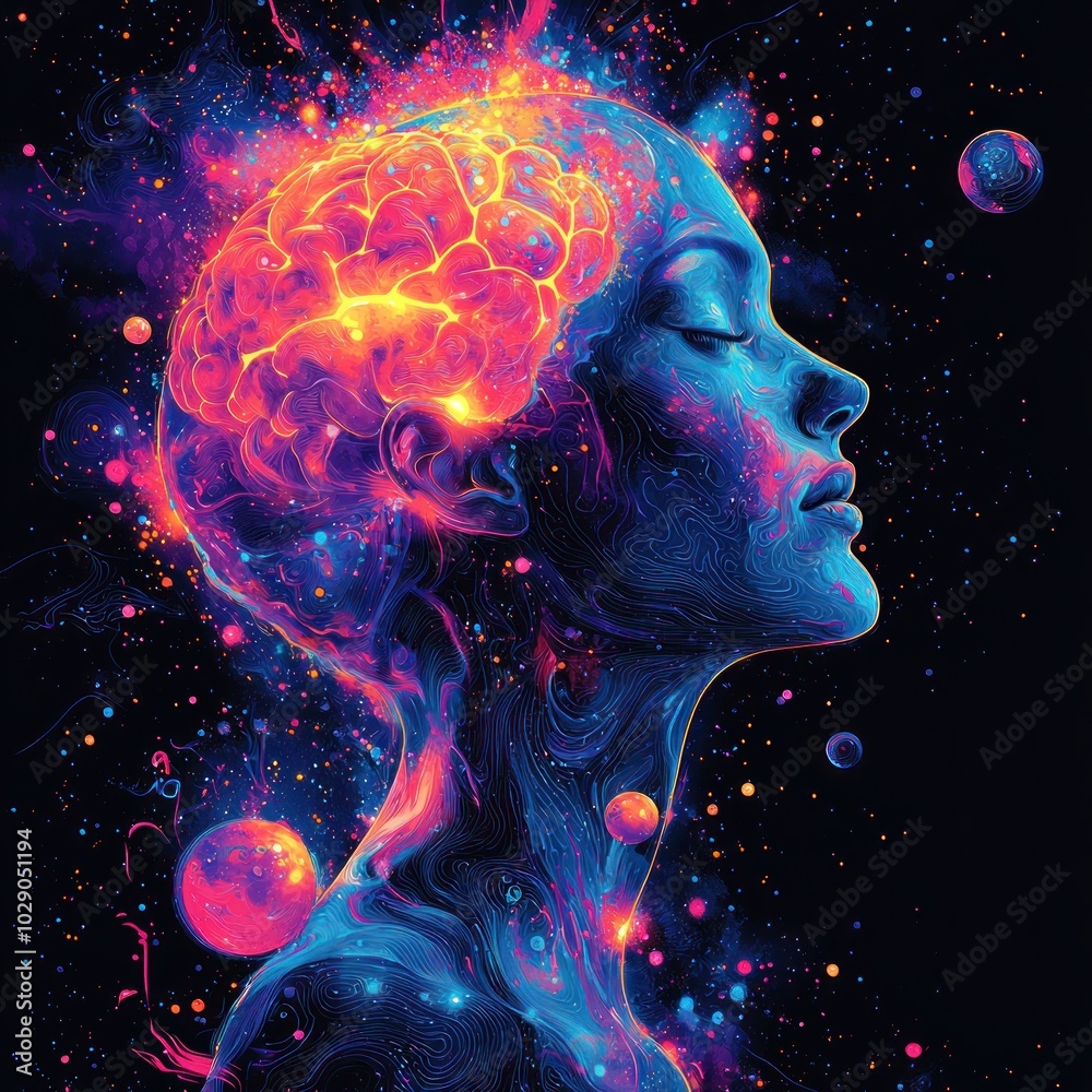 Wall mural abstract profile of a woman with a glowing brain surrounded by cosmic elements, symbolizing imaginat