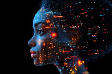 Profile of a woman with digital circuit patterns integrated into her face, symbolizing the fusion of humanity and artificial intelligence Generative AI