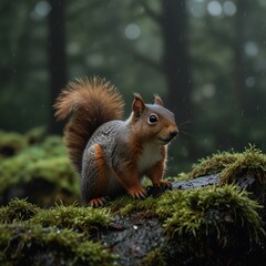 Obraz premium A red squirrel sits on a mossy log in a rain-soaked forest.