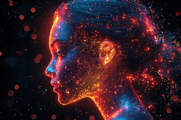 Profile of a woman with digital circuit patterns integrated into her face, symbolizing the fusion of humanity and artificial intelligence Generative AI