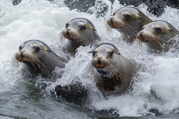 Fototapeta premium A group of sea lions emerging from the water, creating splashes as they interact in their natural habitat.