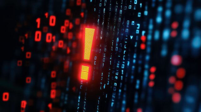 A glowing red exclamation mark on a digital screen with blue and red code in the background. - Powered by Adobe