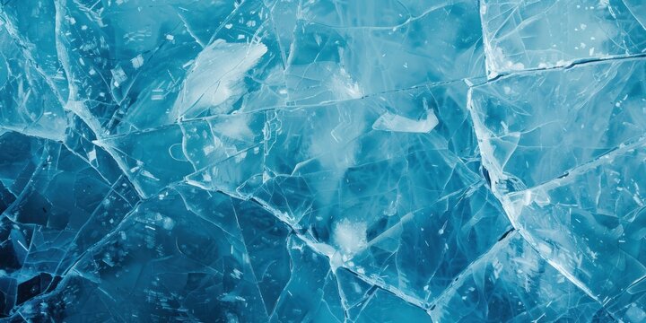 Cracked blue ice surface with visible fissures and transparent layers. Concept of winter nature, cold climate, and frozen texture design.