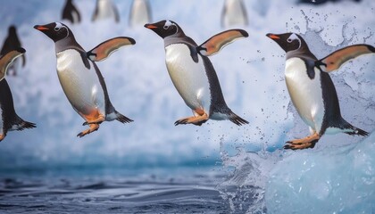 Fototapeta premium A sequence of jumping penguins captured mid-leap against an icy backdrop, showcasing their playful nature.