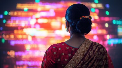 Obraz premium Backview of a woman in traditional Indian attire connecting to a digital stream of animated content, surrounded by vibrant graphics
