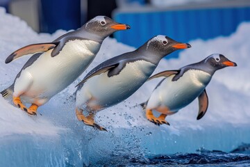 Fototapeta premium Three penguins leap from an icy ledge into the water, showcasing their playful nature and agility in a stunning arctic environment.