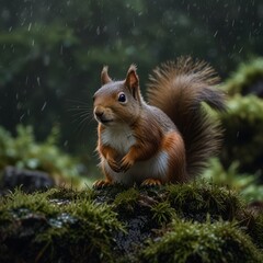 Obraz premium A red squirrel stands on a moss-covered rock in the rain, looking directly at the camera with its bushy tail raised.
