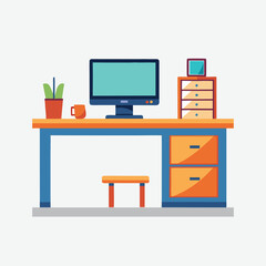 computer desk illustration, work place vector. computer with table