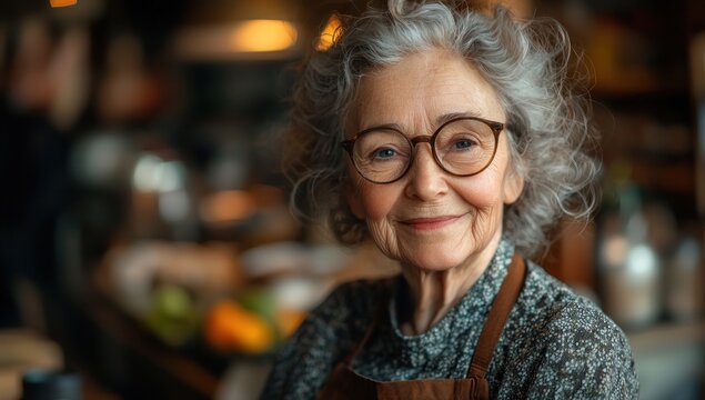 Elderly woman with curly gray hair and glasses smiling warmly in a cozy kitchen environment Generative AI