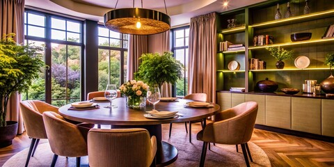 Fototapeta premium Modern Dining Room with Round Table and Chairs - Stylish Interior Design Inspiration