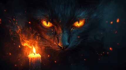 Fototapeta premium Black Cat with Burning Eyes and Candle