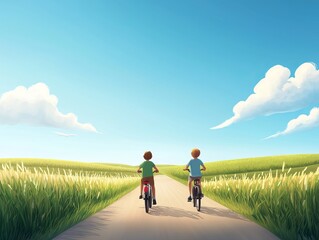 Obraz premium Two boys riding bicycles on a sunny day through a green landscape, enjoying freedom and friendship outdoors in nature.