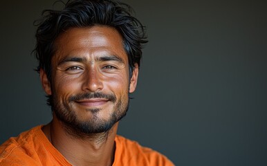 Fototapeta premium Smiling man with tousled hair and stubble wearing an orange shirt against a dark background Generative AI