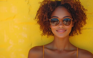 Smiling woman with curly hair wearing yellow sunglasses and a summer outfit against a vibrant yellow background Generative AI