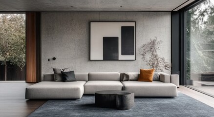 Modern living room with stylish design featuring sleek concrete walls, large window, cozy sectional sofa, and contemporary art piece.