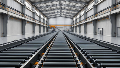 Naklejka premium Empty production line. Multi-tier conveyor inside building. Production line inside large hangar. Conveyor of rotating rollers. Production facility without people. Conveyor belt. 3d image isolated wi