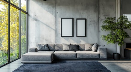 Sleek and modern living room design featuring a large gray sectional sofa, concrete walls, and floor-to-ceiling windows with green foliage outside, creating a serene and contemporary atmosphere.