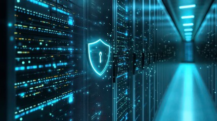 A glowing shield with a keyhole icon on a server rack in a data center.